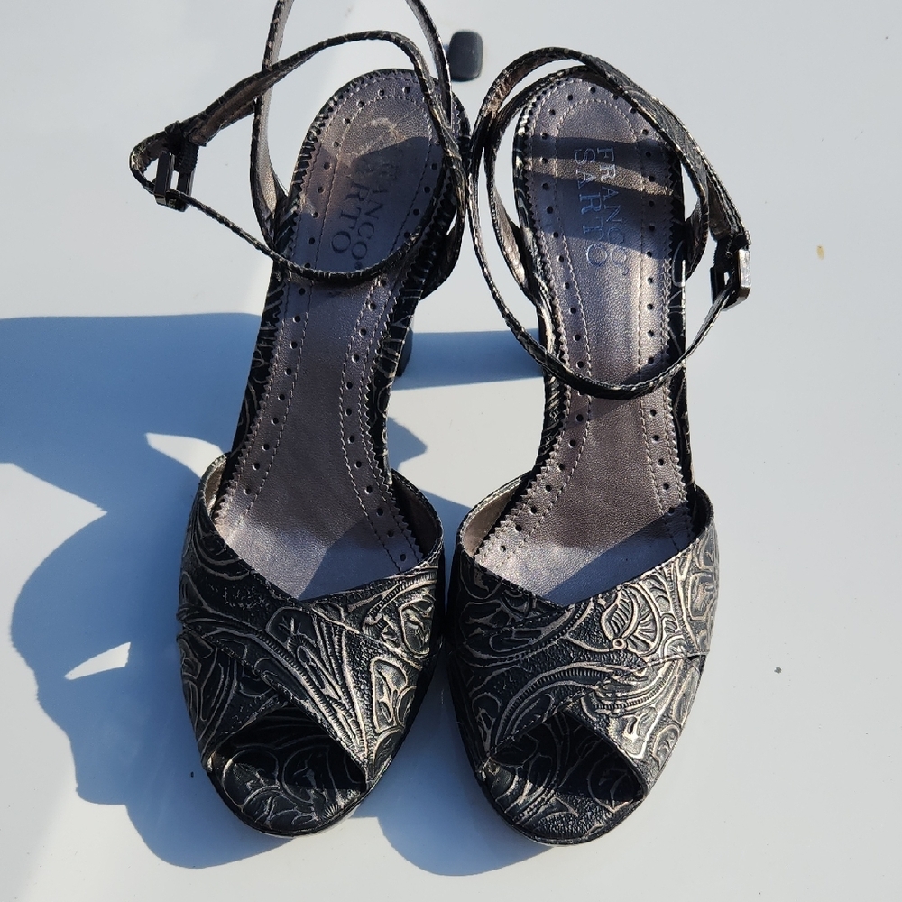 Franco Sarto Gold and Black Sandals with Ankle Straps